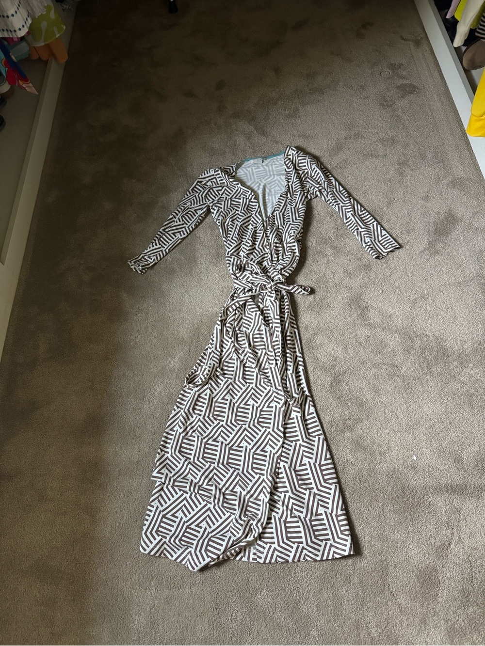 Boden Geometric Wrap Maxi Dress in Cream and Brown